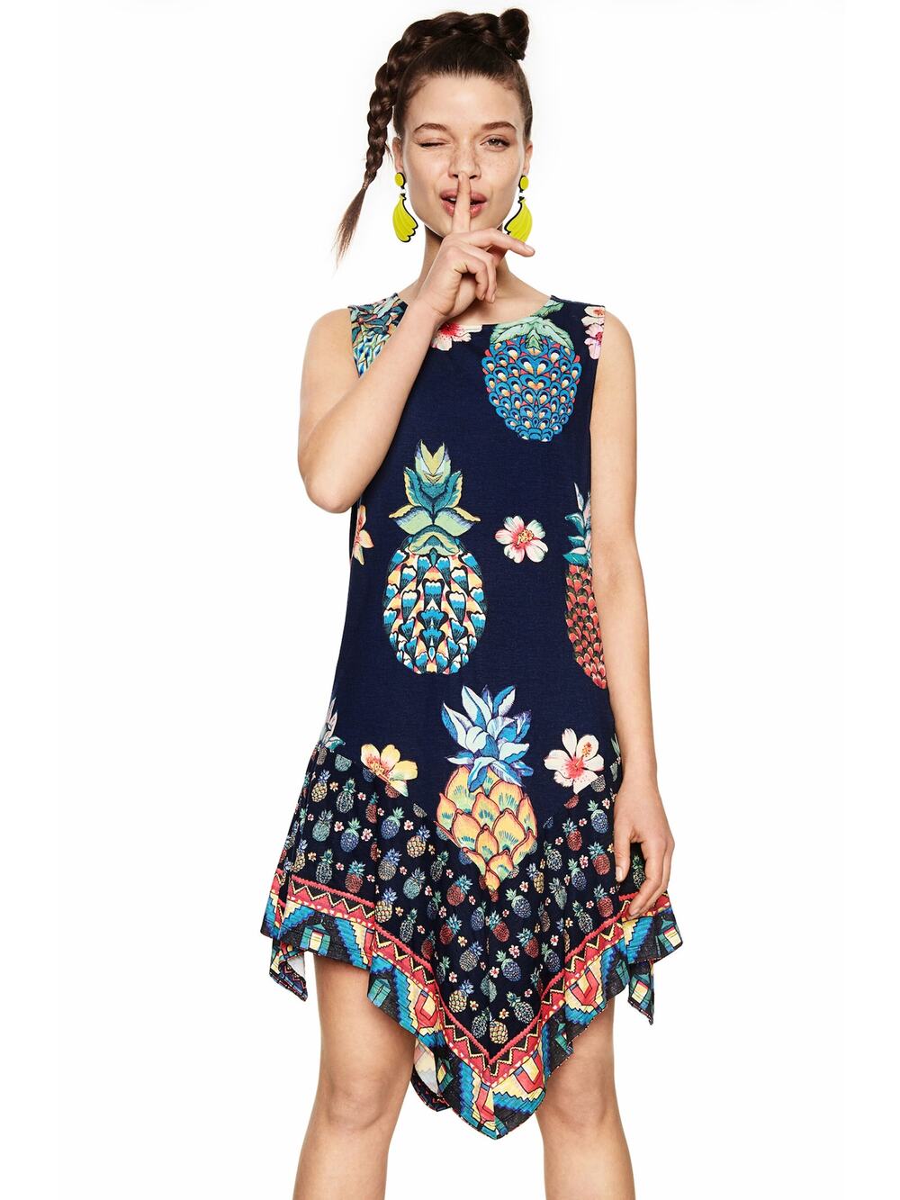 Desigual M Blue Tropical Pineapple Mini Dress Artistic Resort Swing